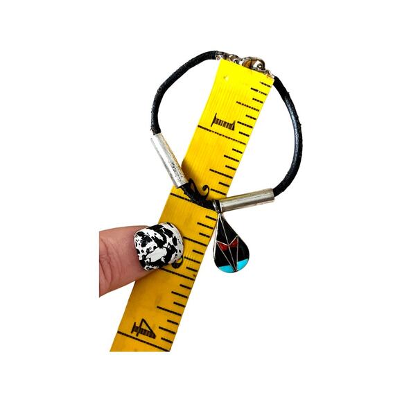 Sterling Onyx Turquoise Coral Native American Bracelet, Vintage Zuni Signed - Picture 4 of 7